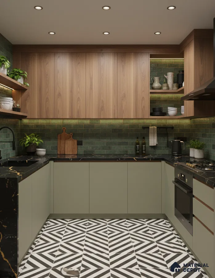Modern kitchen with sage green laminate, walnut wood laminate, green subway tile backsplash, and geometric black-and-white floor tiles in Bengaluru