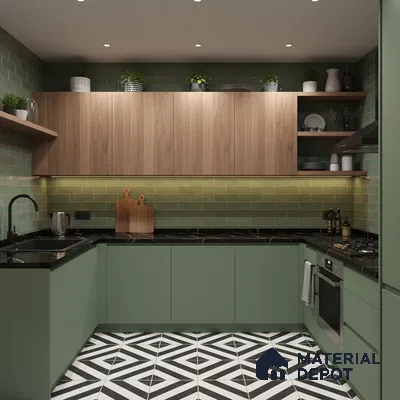 Modern kitchen with sage green laminate, walnut wood laminate, green subway tile backsplash, and geometric black-and-white floor tiles in Bengaluru
