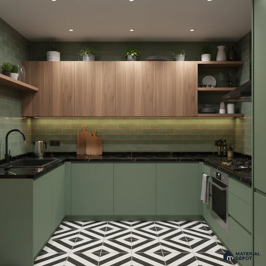 Modern kitchen with sage green laminate, walnut wood laminate, green subway tile backsplash, and geometric black-and-white floor tiles in Bengaluru