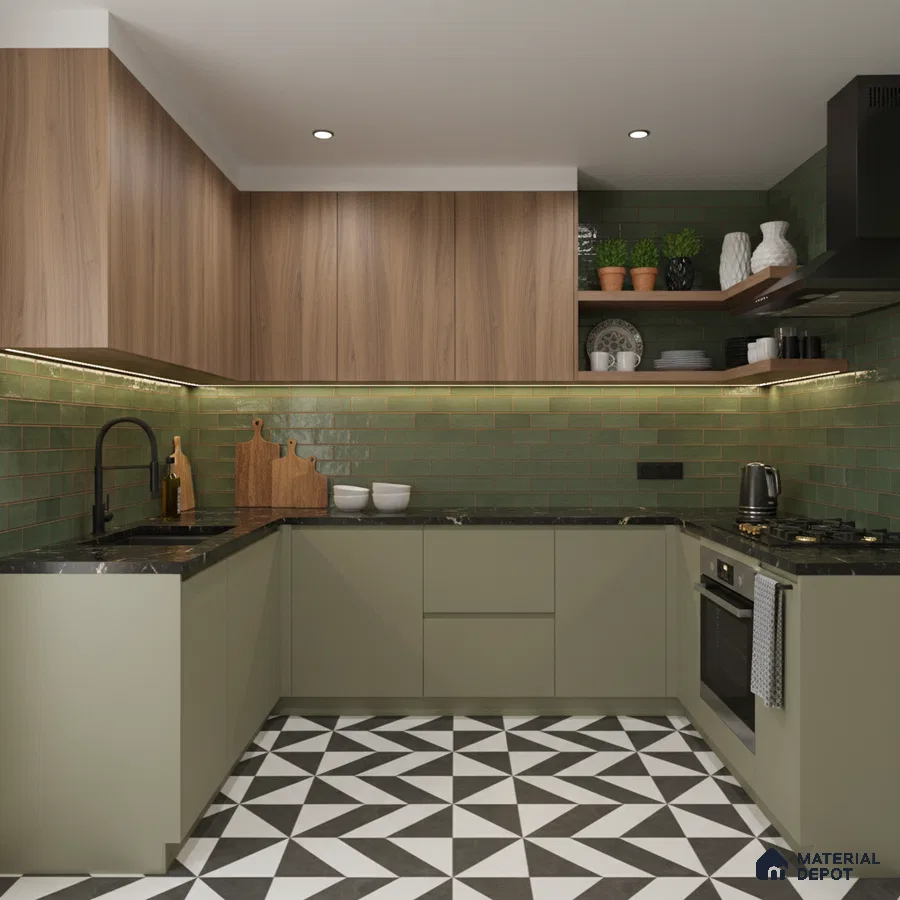 Modern kitchen with sage green laminate, walnut wood laminate, green subway tile backsplash, and geometric patterned floor tiles in Bengaluru