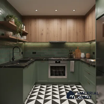 Modern kitchen with sage green laminate, walnut wood laminate, green subway wall tiles, and geometric black-and-white floor tiles in Bengaluru