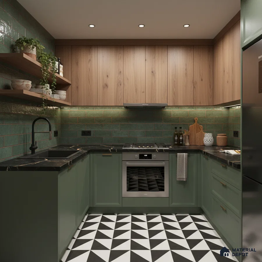 Modern kitchen with sage green laminate, walnut wood laminate, green subway wall tiles, and geometric black-and-white floor tiles in Bengaluru