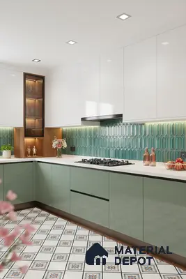 Modern kitchen with sage green laminate, white high gloss laminate, geometric teal backsplash tile, and patterned floor tile in Bengaluru