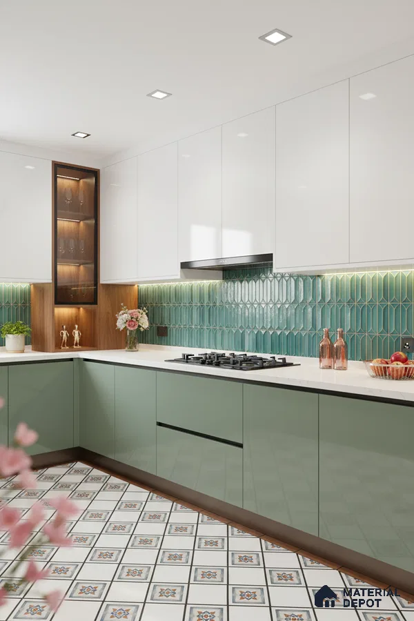 Modern kitchen with sage green laminate, white high gloss laminate, geometric teal backsplash tile, and patterned floor tile in Bengaluru