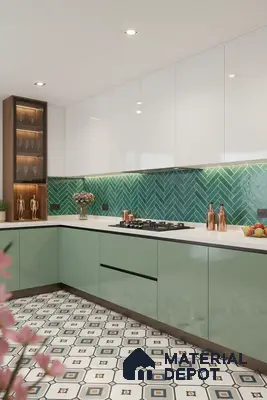 Modern kitchen with sage green laminate, white high gloss laminate, green herringbone backsplash tile, and patterned floor tile in Bengaluru