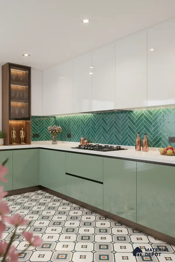 Modern kitchen with sage green laminate, white high gloss laminate, green herringbone backsplash tile, and patterned floor tile in Bengaluru