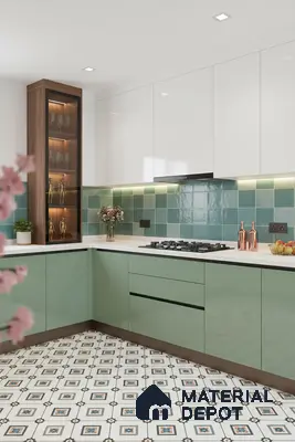Modern kitchen with sage green laminate, white high gloss laminate, teal backsplash tile, and patterned floor tile in Bengaluru