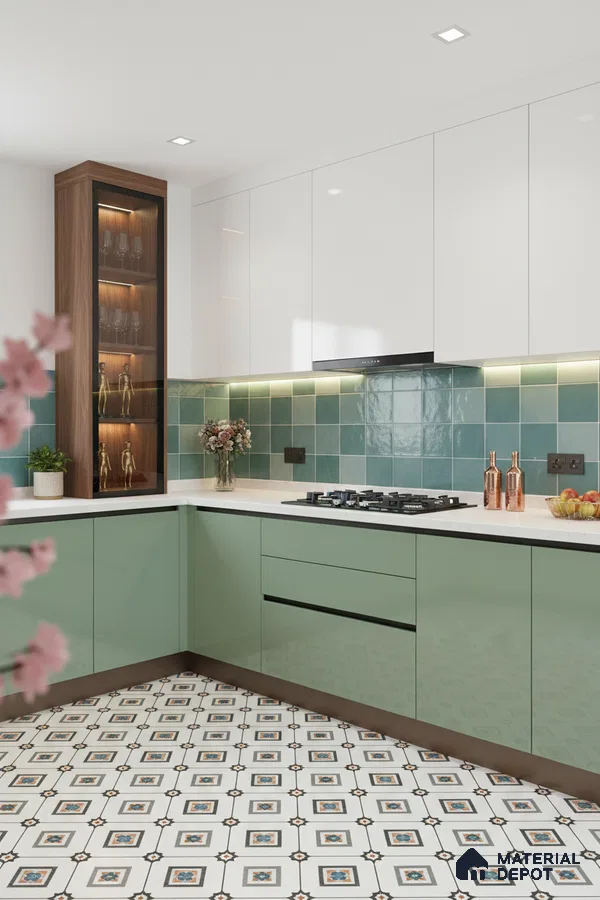 Modern kitchen with sage green laminate, white high gloss laminate, teal backsplash tile, and patterned floor tile in Bengaluru