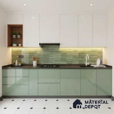 Modern kitchen with sage green laminate, white laminate, and green 3D subway backsplash tile in Bengaluru