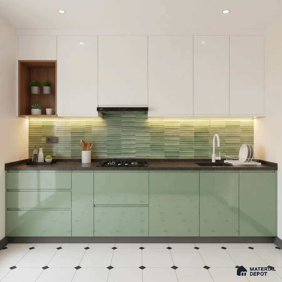 Modern kitchen with sage green laminate, white laminate, and green 3D subway backsplash tile in Bengaluru