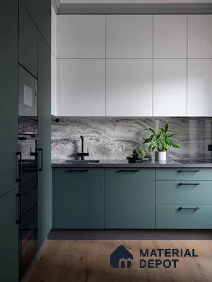 Modern kitchen with sage green laminate, white laminate cabinets, marble-look backsplash, and wooden flooring in Bengaluru | Material Depot