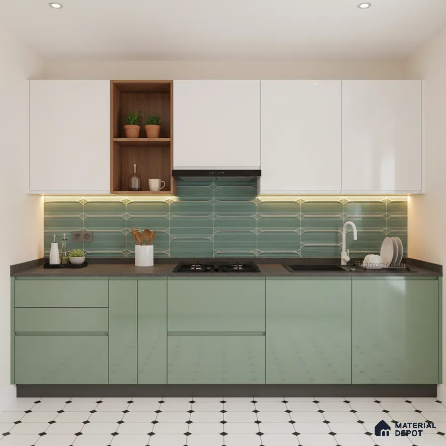 Modern kitchen with sage green laminate, white laminate, geometric green backsplash tile, and black-and-white patterned floor tile in Bengaluru