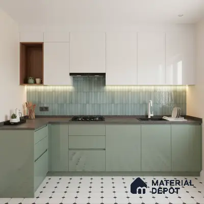 Modern kitchen with sage green laminate, white laminate, mint green kitkat backsplash tile, and geometric floor tile in Bengaluru