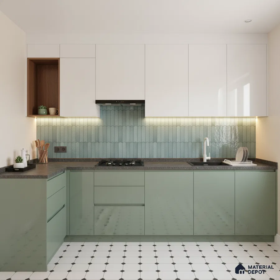 Modern kitchen with sage green laminate, white laminate, mint green kitkat backsplash tile, and geometric floor tile in Bengaluru