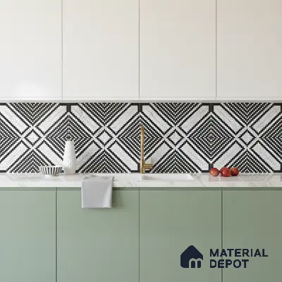 Modern kitchen with sage green laminate, white marble countertop, and black-and-white geometric mosaic backsplash tile in Bengaluru