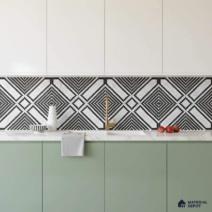 Modern kitchen with sage green laminate, white marble countertop, and black-and-white geometric mosaic backsplash tile in Bengaluru