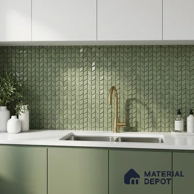 Modern kitchen with sage green laminate, white quartz countertop, and chevron green backsplash tile