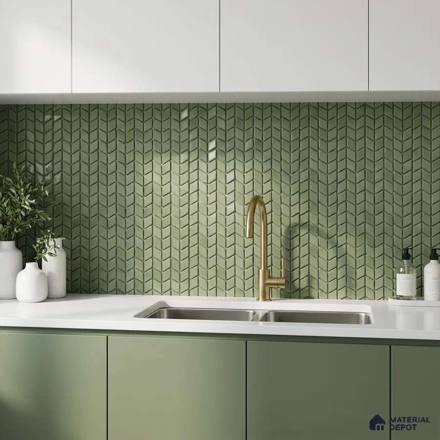 Modern kitchen with sage green laminate, white quartz countertop, and chevron green backsplash tile