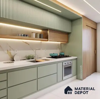 Modern kitchen with sage green laminate, white quartz countertop, and marble-look backsplash in Bengaluru | Material Depot