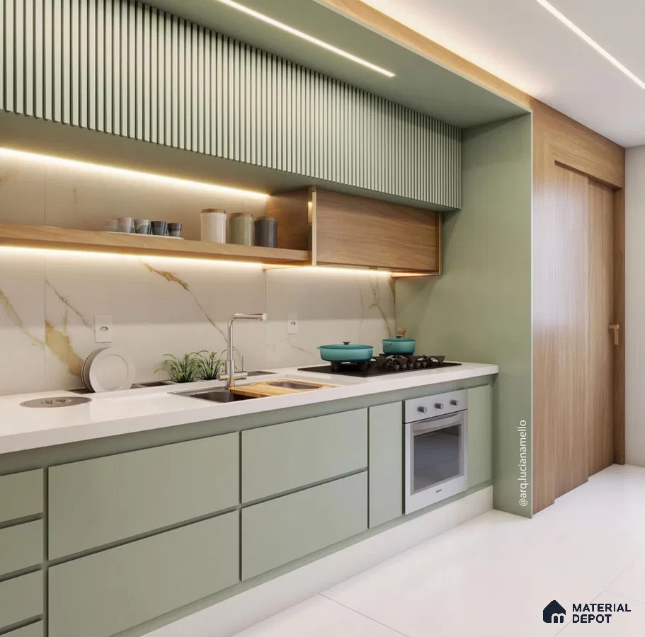 Modern kitchen with sage green laminate, white quartz countertop, and marble-look backsplash in Bengaluru | Material Depot