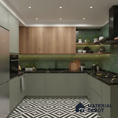 Modern kitchen with sage green laminate, wood grain laminate, green subway backsplash tile, and geometric black-and-white floor tile in Bengaluru