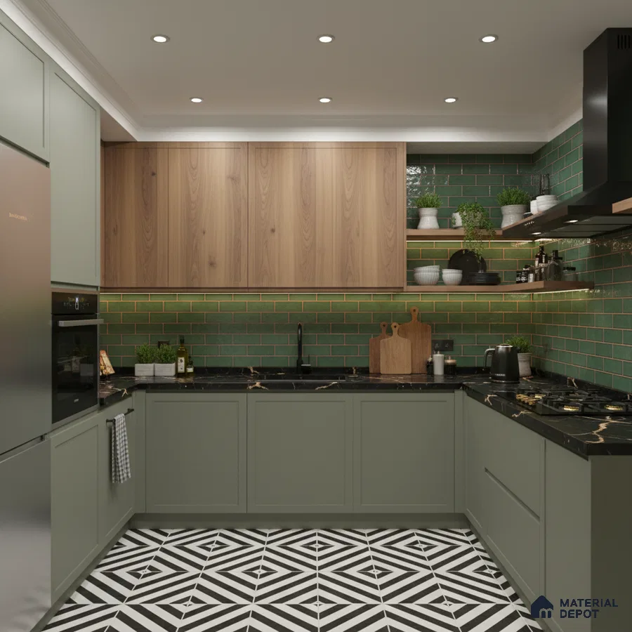 Modern kitchen with sage green laminate, wood grain laminate, green subway backsplash tile, and geometric black-and-white floor tile in Bengaluru
