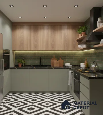 Modern kitchen with sage green laminate, wood grain laminate, green subway backsplash tile, and geometric black-and-white floor tile in Bengaluru