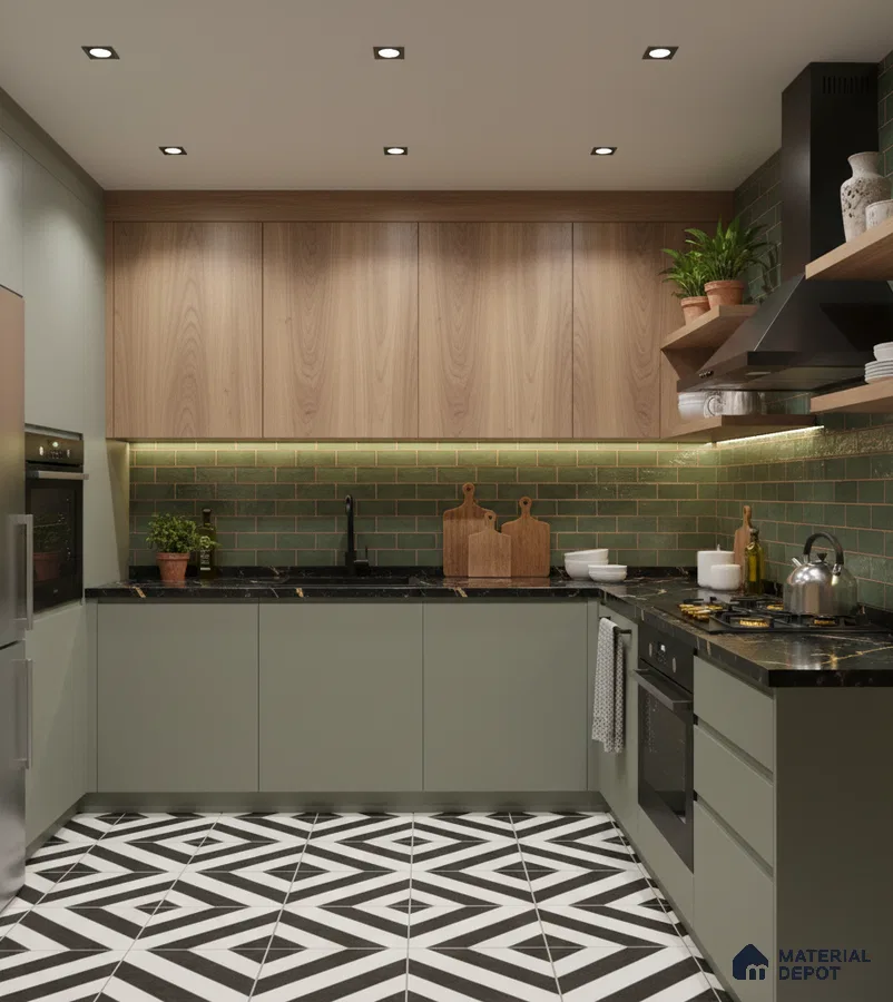 Modern kitchen with sage green laminate, wood grain laminate, green subway backsplash tile, and geometric black-and-white floor tile in Bengaluru