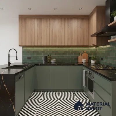 Modern kitchen with sage green laminate, wood grain laminate, green subway tile backsplash, and geometric black-and-white floor tiles in Bengaluru