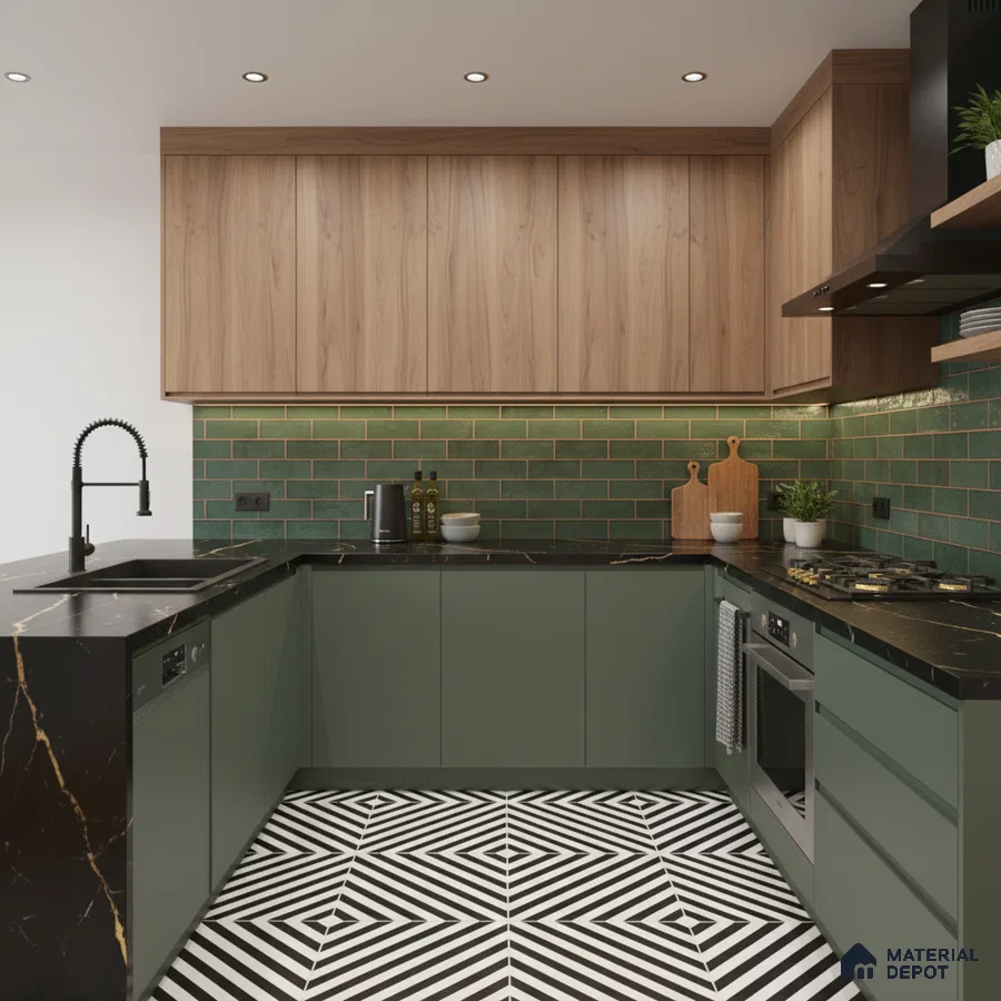 Modern kitchen with sage green laminate, wood grain laminate, green subway tile backsplash, and geometric black-and-white floor tiles in Bengaluru