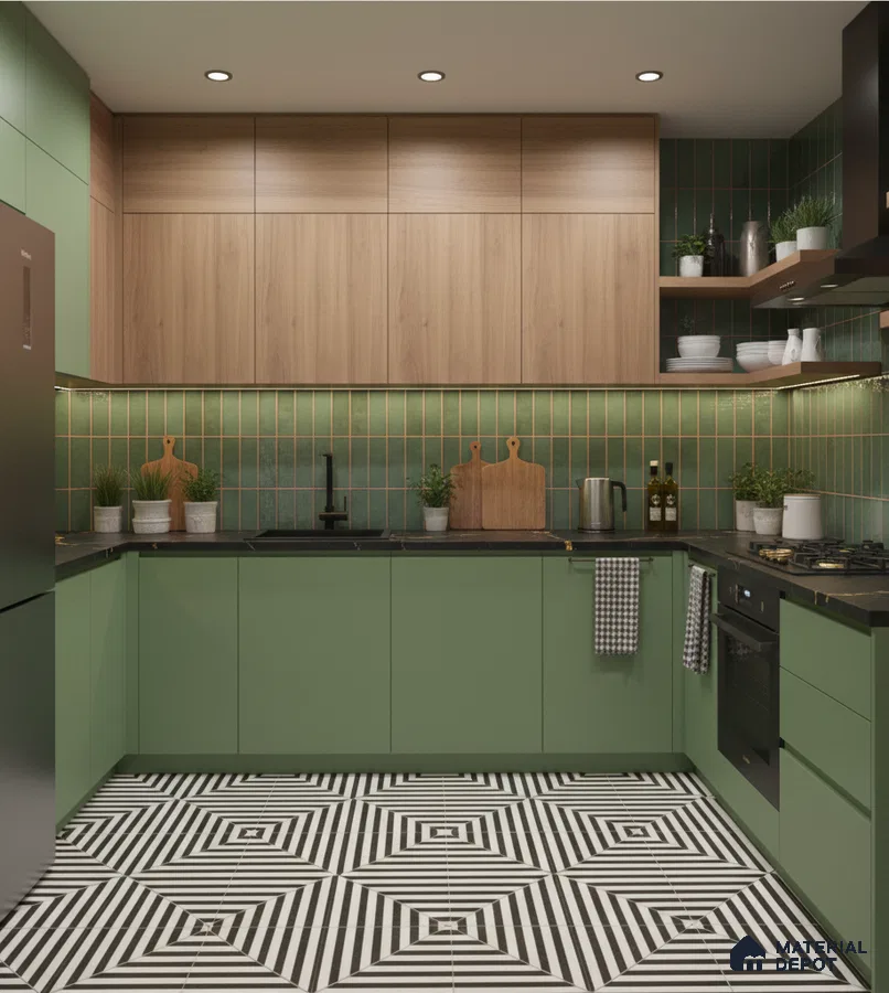 Modern kitchen with sage green laminate, wood grain laminate, green vertical subway backsplash tile, and geometric black-and-white floor tile in Bengaluru