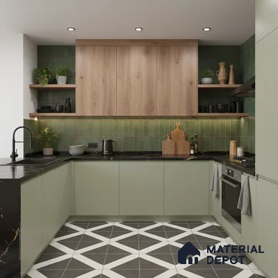 Modern kitchen with sage green laminate, wood grain laminate, green vertical subway backsplash tile, and geometric floor tile in Bengaluru
