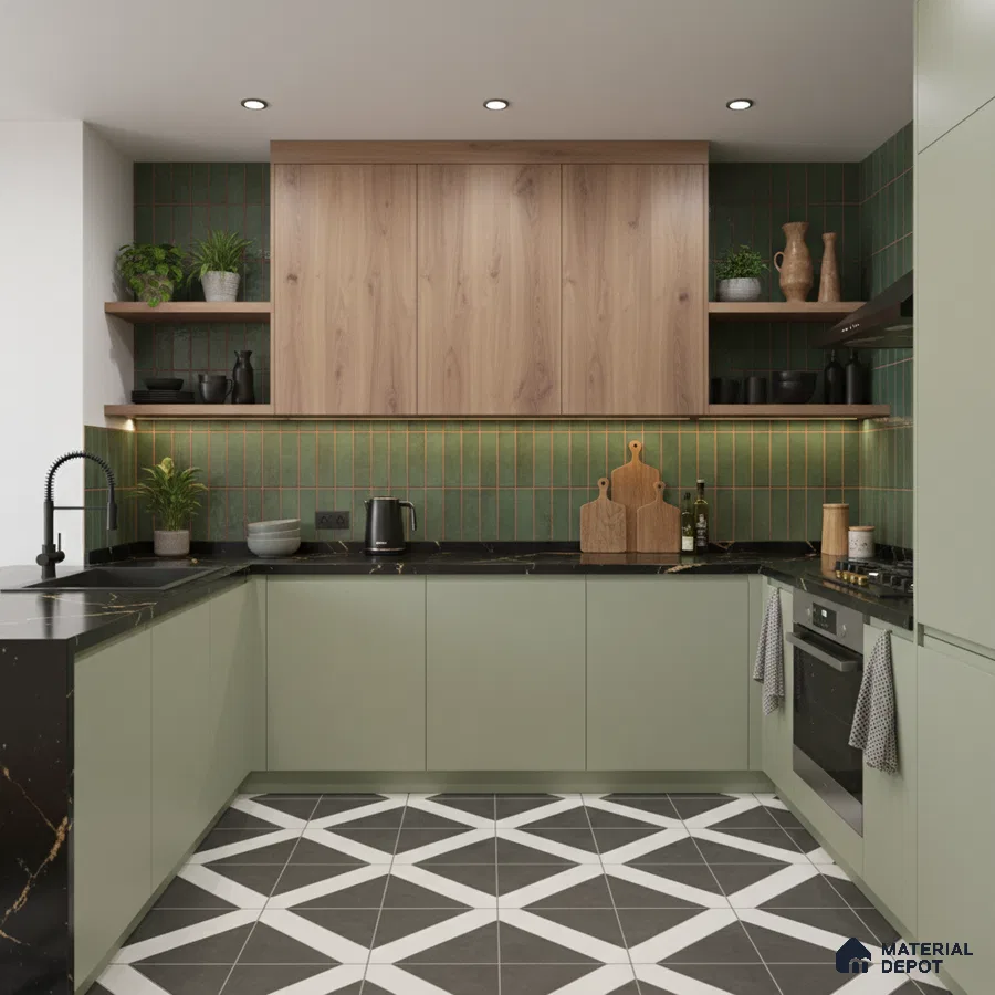 Modern kitchen with sage green laminate, wood grain laminate, green vertical subway backsplash tile, and geometric floor tile in Bengaluru