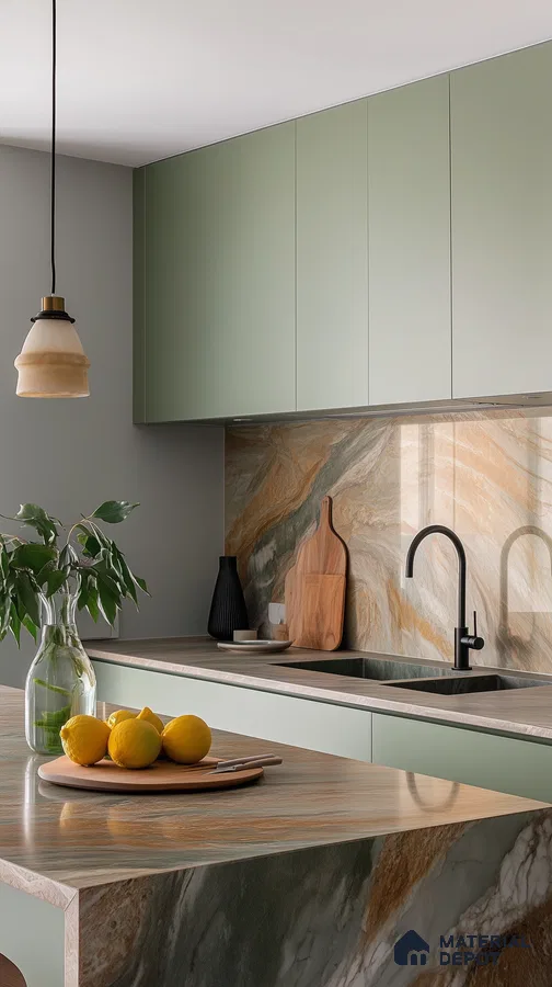 Modern kitchen with sage green matte laminate cabinets and marble-look stone countertop and backsplash in Bengaluru | Material Depot