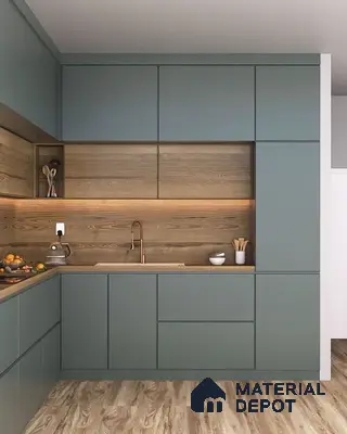 Modern kitchen with sage green matte laminate cabinets and natural oak wood backsplash in Bengaluru | Material Depot