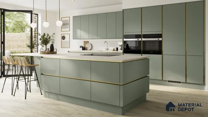 Modern kitchen with sage green matte laminate cabinets, white quartz countertop, and light oak wood flooring in Bengaluru | Material Depot