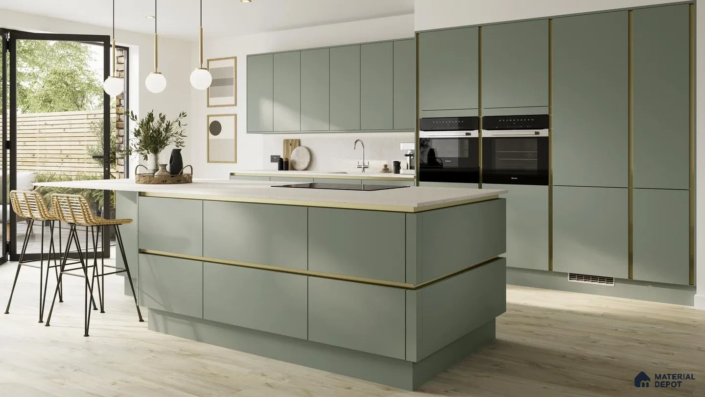 Modern kitchen with sage green matte laminate cabinets, white quartz countertop, and light oak wood flooring in Bengaluru | Material Depot