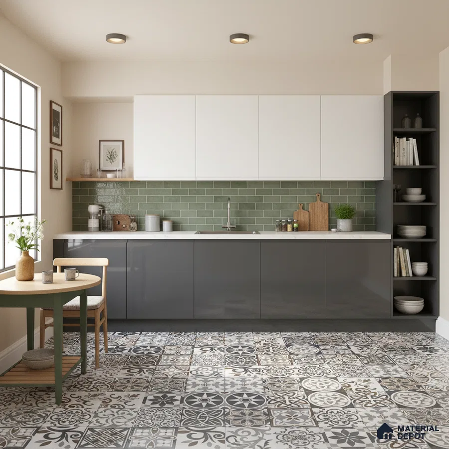 Modern kitchen with sage green subway tile backsplash, white and grey laminate cabinets, and patterned moroccan floor tiles in Bengaluru