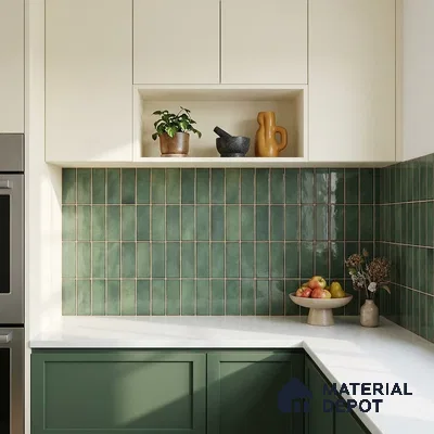 Modern kitchen with sage green vertical subway backsplash tile and white quartz countertop
