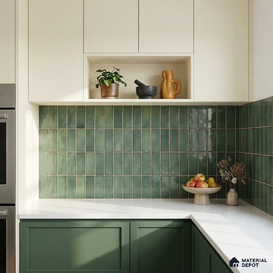 Modern kitchen with sage green vertical subway backsplash tile and white quartz countertop