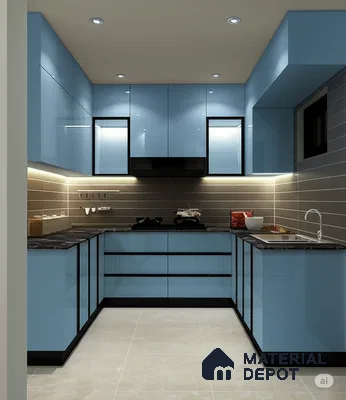Modern kitchen with sky blue high gloss laminate cabinets, black granite countertop, and taupe subway tile backsplash in Bengaluru | Material Depot