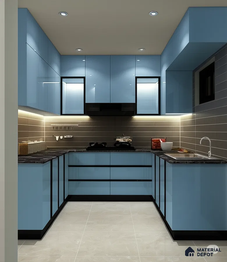 Modern kitchen with sky blue high gloss laminate cabinets, black granite countertop, and taupe subway tile backsplash in Bengaluru | Material Depot
