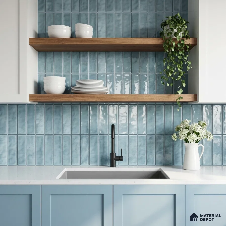 Modern kitchen with sky blue subway backsplash tile, white quartz countertop, and pastel blue laminate cabinets