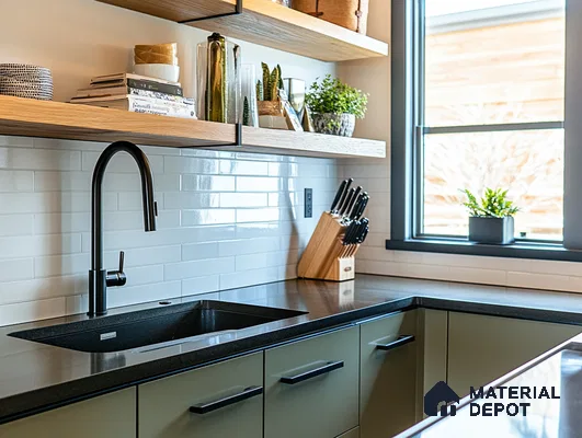 Modern Kitchen with Sleek Black Fixtures and Open Shelving | Material Depot