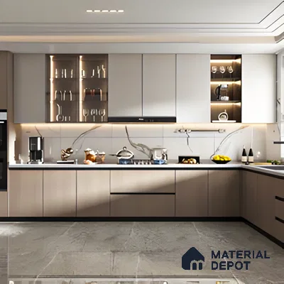 Modern Kitchen with Sleek Wooden, Pastel Design and Marble Accents | Material Depot