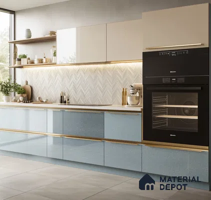 Modern Green Glossy Kitchen with Marble Countertop and Natural Lighting | Material Depot