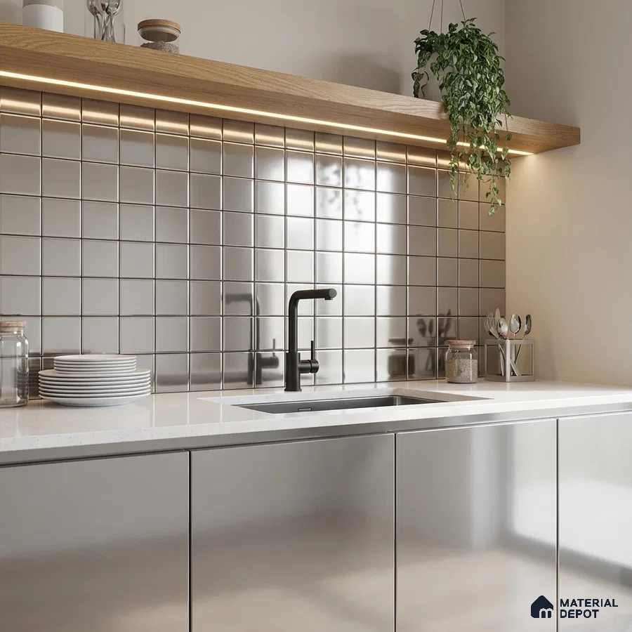 Modern kitchen with stainless steel cabinets, white quartz countertop, and metallic square backsplash tiles