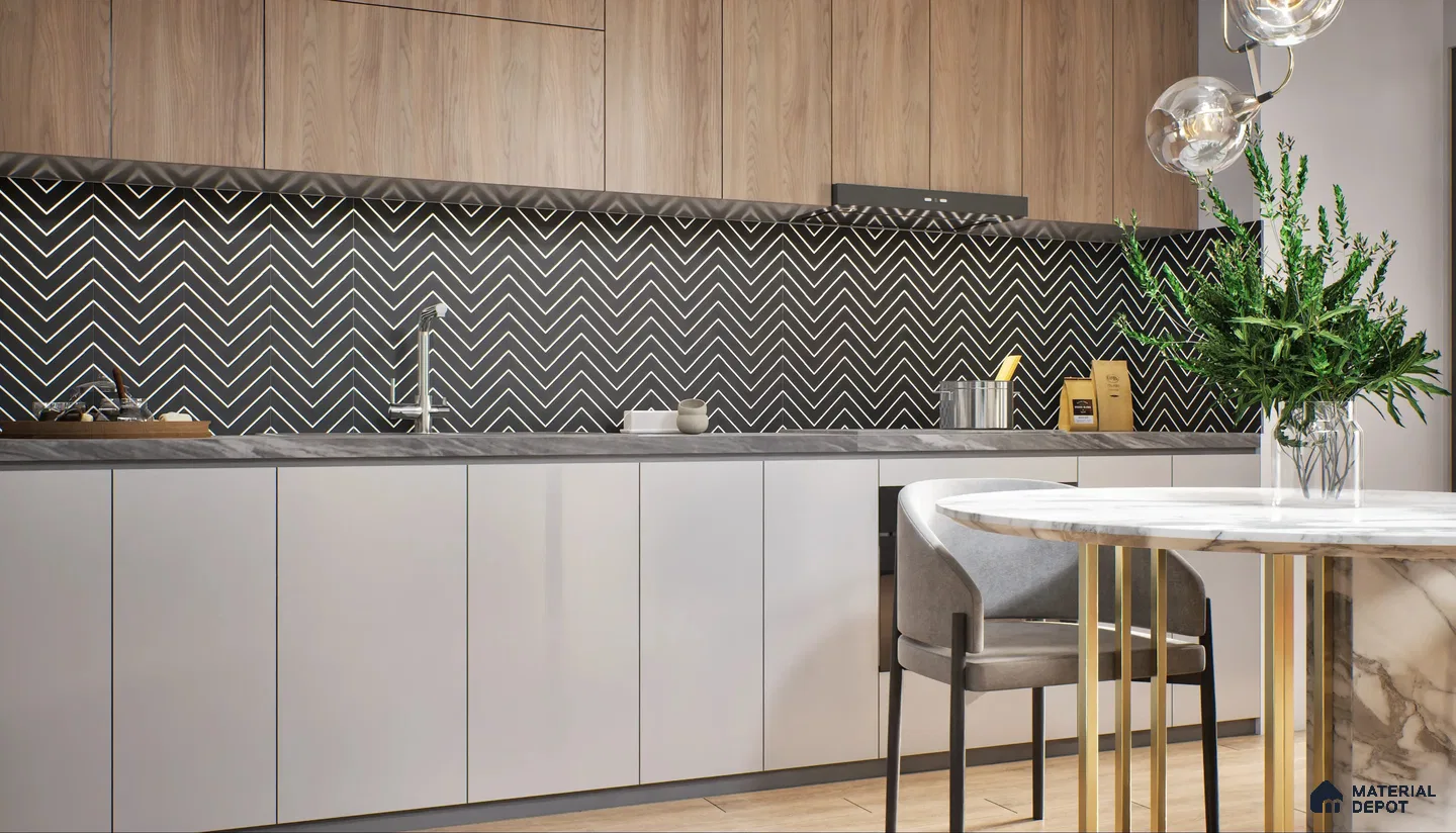 Modern Kitchen with Striking Chevron-Patterned Wall | Material Depot