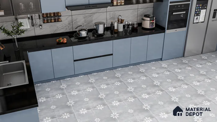 Modern Kitchen with Subtle Blue Patterned Tiles and Sleek Cabinetry | Material Depot