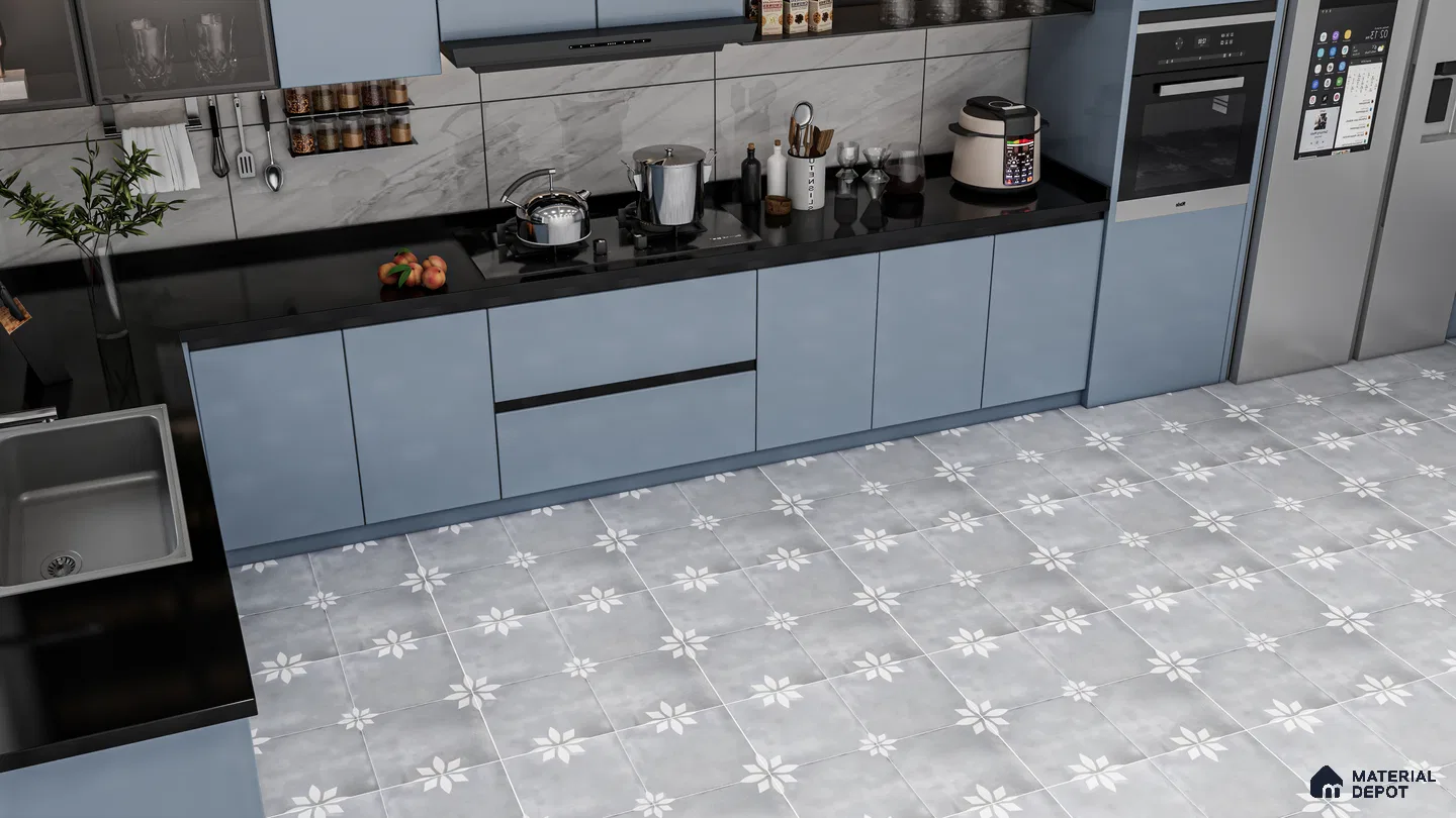 Modern Kitchen with Subtle Blue Patterned Tiles and Sleek Cabinetry | Material Depot